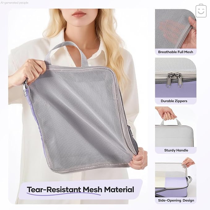 Veken 9/11 Set Compression Packing Cubes Garment Bags for Travel Essentials,Compressible Expandable Luggage Organizer Bags for Clothing,Space Saver Bags with Over 1000 pcs of Mesh Holes(Purple Gray) - Image 5