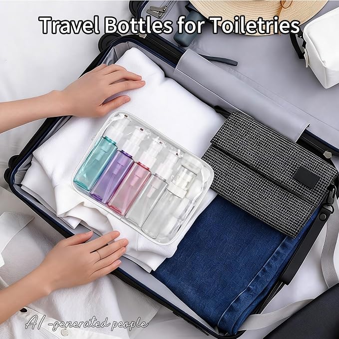 9 PCS Travel Bottles for Toiletries 3.4oz Pump Bottle Dispenser | TSA Approved, Leak Proof, Plastic Travel Size Containers, 2oz Spray Bottle, 0.35 Cream Jars, and a Toiletry Bag - Image 7