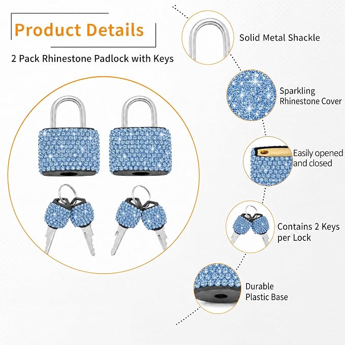 2 Pcs Small Locks with Keys Mini Luggage Locks Bling Padlock with Key Metal Lock for Locker Suitcase Bag(Blue) - Image 2