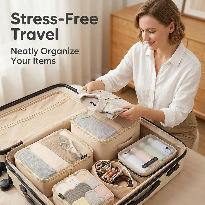 6 Set Compression Packing Cubes for 7–14 Day Travel, Mist Khaki | Nylon Oxford Fabric, Full Breathable Mesh, Reinforced Double-Zipper, Small to Large Size Bag, Expandable Packing System - Image 4