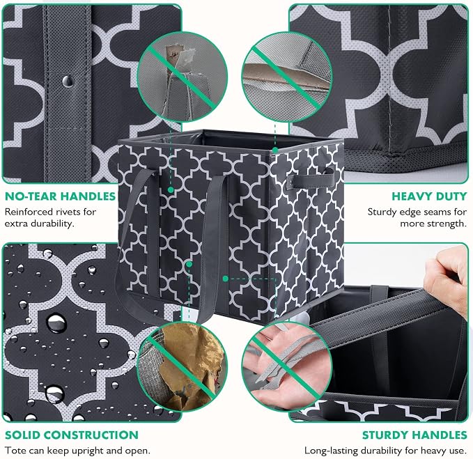Reusable Grocery Bags 4Pack Foldable Washable Large Storage Bins, Dark Grey | Water Resistant Shopping Tote Bag Bins - Image 5
