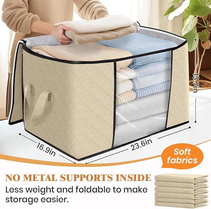 90L Clothes Storage, Foldable Thick Fabric Blanket Storage Bags | Foldable Containers with Zippers,Window and Handles for Organizing Bedroom, Closet, Comforter, Bedding,Dorm essentials - Image 2
