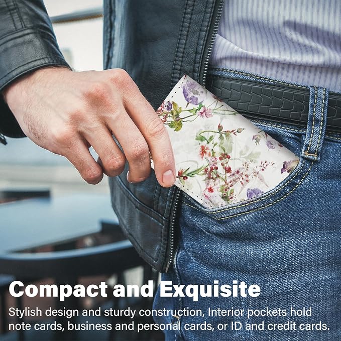 Business Card Holder，PU Leather Business Card Case Color Printing Pattern Card Holder Wallet，Pockets Magnetic Credit Card Holders for Men and Women - White Flowers - Image 5