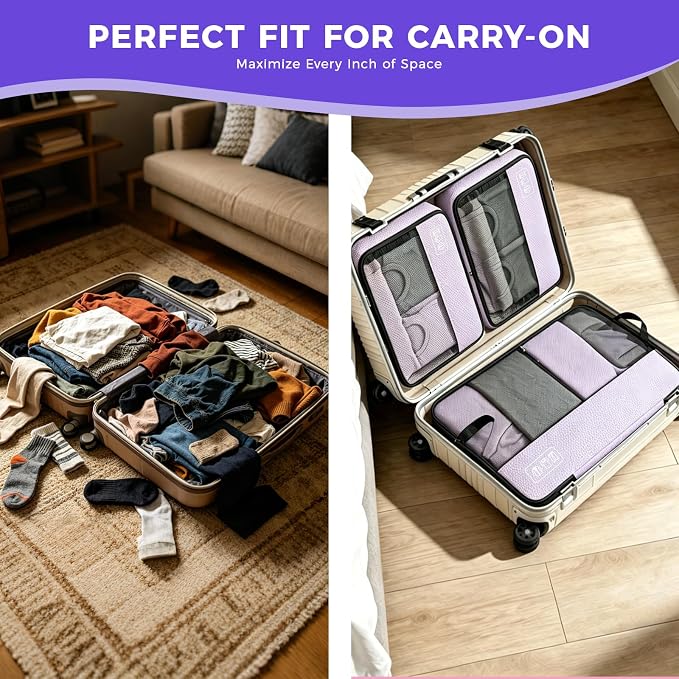 Compression Packing Cubes for Travel, 8-Piece Carry-On Suitcase Organizer | Elegant Ultralight Luggage Organizer Set for Women, Space Saving for Carry-On, Suitcase & Vacation Cruise Travel - Purple - Image 4