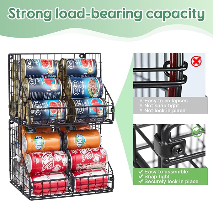Stackable Can Organizer for Pantry with 2 Adjustable Dividers, Soda Can Organizer, Can Storage Dispenser Holds up to 28 Cans, 2 tier Metal Wire Baskets Can Holder for Kitchen Cabinet Pantry, Black - Image 4