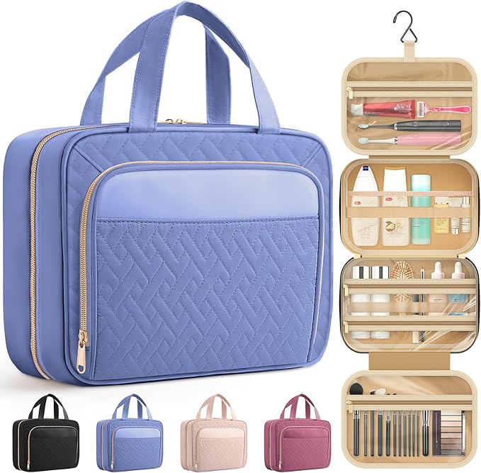 HOTOR Hanging Travel Toiletry Bag Women Men, Aegean-Blue, Large | Waterproof Makeup Bag Hanging Hook,Multiple Pockets,Travel Essentials,12.6 x 4.3 x 9.9inches by HOTOR