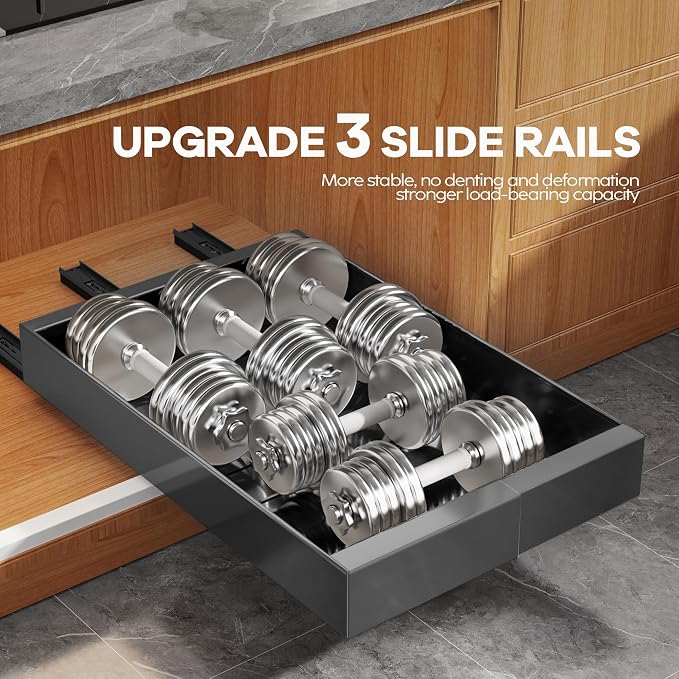 Seinloes 4 Pack Expandable Pull Out Cabinet Organizer 21" Deep with Raising Pad for Framed Cabinets,Upgrade 3 Slide Rails Slide Out Drawers,Roll Out Shelves Adhesive,Adjustable Width 9"-14.1" Black - Image 5