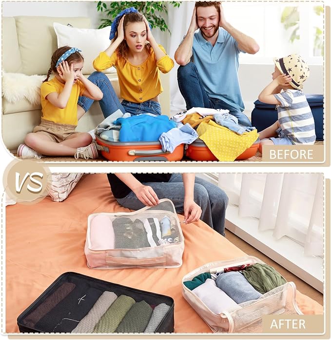Silkfly 12 Pcs Packing Cubes for Suitcase Travel Luggage Bags Bulk Mesh Organizer Set for Hiking Camping, XL, L, M Size(Beige, Black) - Image 5