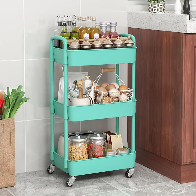 Sywhitta 3-Tier Plastic Rolling Utility Cart with Wheels for Storage, Green | Multi-Functional Storage Trolley, for Office, Living Room, Kitchen, Bathroom,Movable Organizer,Space-Saving,Easy to assemble - Image 6