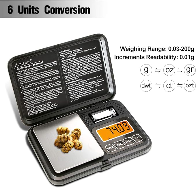 Fuzion Digital Pocket Gram Scale 200g/0.01g with 50g Calibration Weight | Easy Calibration, Tare and PCS, Mini Scale Grams Ounces Grains for Jewelry, Coins, Powder, Herbs, Spices (Battery Included) - Image 2