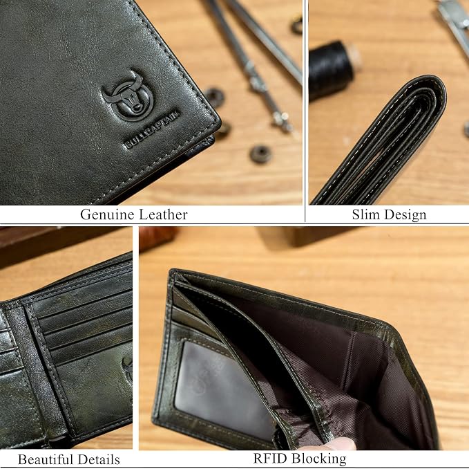 BULLCAPTAIN RFID Wallets for Men,Genuine Leather Wallet QB-05（Forest Green | Slim,Bifold,Front Pocket Wallet, 2 ID Windows,11 Card Slots,RFID Blocking TechnologyGift Choice - Image 6
