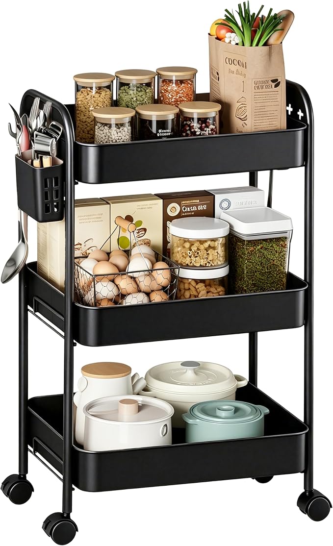 Heavy-Duty Rolling Cart 3 Tier Metal Utility Storage Cart | with Casters, Hooks & Hanging Cups, Rolling Storage Organizer for Kitchen Office Craft Snack Book by Unknown