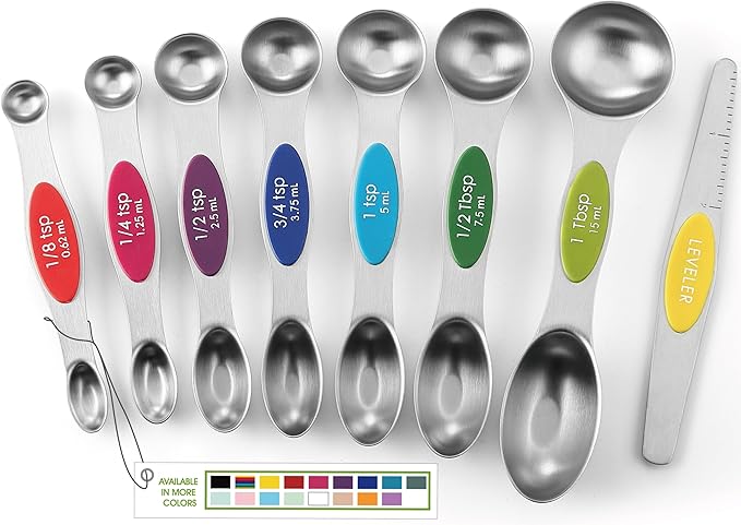 Spring Chef Magnetic Measuring Spoons Set of 8 for Kitchen, Multicolor | Stainless Steel Teaspoon & Tablespoon Measuring Spoons with Leveler for Dry & Liquid Ingredients, Dual Sided, Dishwasher Safe by SpringChef