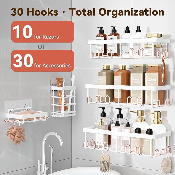 Shower Caddy Adhesive, Rustproof Shower Organizer, Wall Shower Rack | Large Capacity Shower Shelves for Inside Shower, Shampoo Shower Holder, White, 3 Caddies, 1 Soap Dish, 1 Toothbrush Holder - Image 3