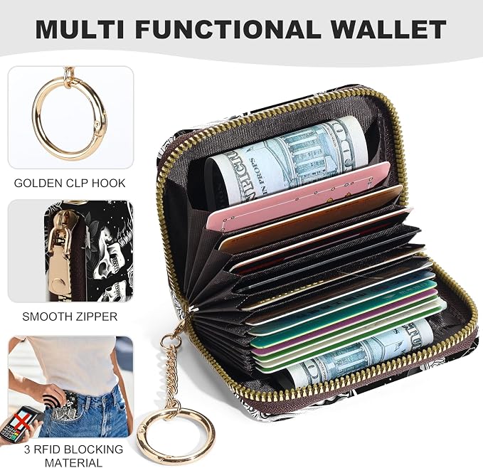 Credit Card Holder for Women,Small Rfid Wallet with Keychain Zipper,Cute PU Leather Card Case Wallet，Accordion Credit Card Wallets Gift,Skeleton Couple - Image 2