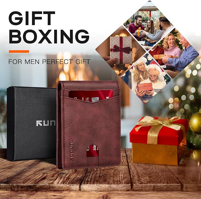 RUNBOX Wallet for Men Slim Leather Bifold RFID Blocking Minimalist Front Pocket Design with Gift Box | Minimalist Front Pocket Design, Holds 8 Cards, RFID Protection, Gifts for Men on Birthdays, Father’s Day, and Christmas - Image 3