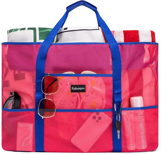 KABAQOO Mesh Beach Bag, Extra Large Beach Bags with 9 Pockets & Zipper Waterproof Lightweight Beach Tote for Beach/Pool Trip by KABAQOO