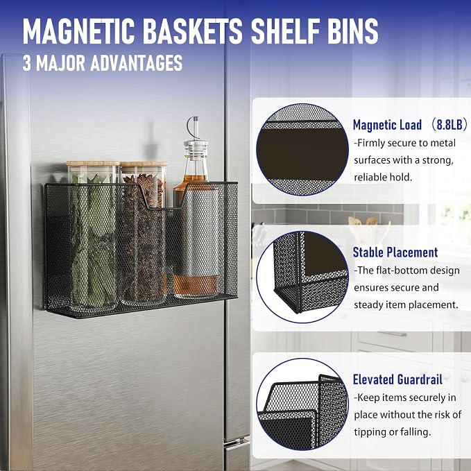 Magnetic Baskets for Fridge Shelf Bins Organizer Magnetic Storage Holder Storage Rack Containers for Fridge, Whiteboard, Locker - Magnetic File Holder for Home Kitchen Laundry Office School(Black) - Image 4