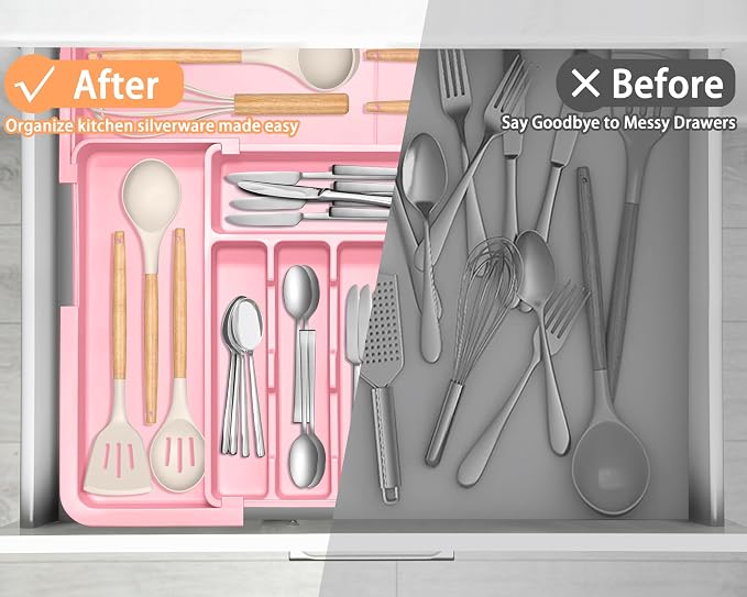Silverware Organizer Expandable Kitchen Utensil Drawer Organizer Large BPA Free Adjustable Cutlery Silverware Tray for Spoons Forks Knives Storage Divider for Kitchen Flatware 6-9 Slots Pink - Image 7