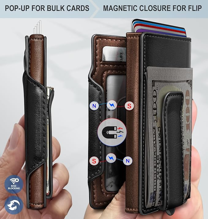 Wallet for Men, Slim Pop Up Card Holder with RFID Blocking, Minimalist Bifold Wallet with 10 Card Slots, 2 ID Window and Money Clip, Metal Flip Case with Magnetic Closure, Gift Box - Image 3