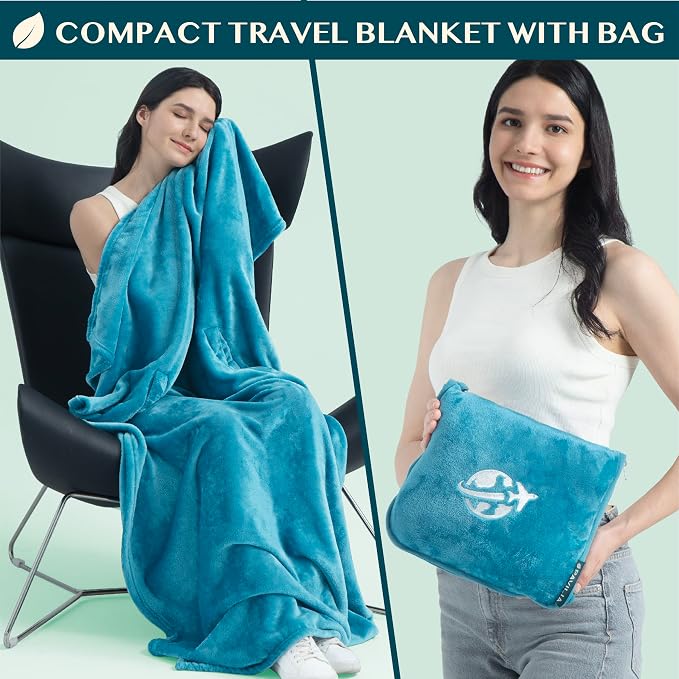 PAVILIA Travel Blanket and Pillow, Arms Opening Airplane Blankets for Adults, Compact Plane Blanket with Arm Hole 2-in-1 Bag for Flight Car Camping Fit in Luggage Backpack Traveler Gift, Teal Blue - Image 3
