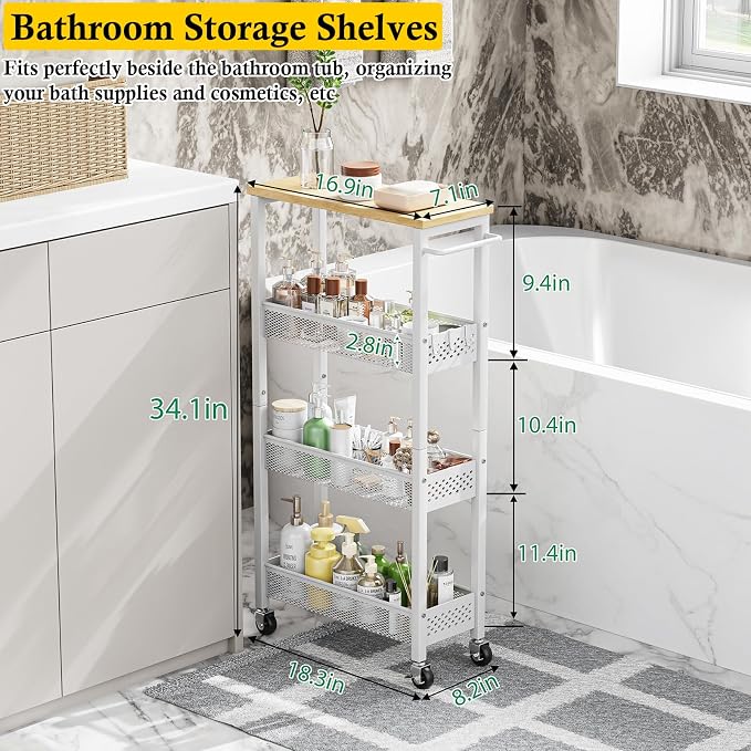 OKZEST Slim Laundry Room Organization Cart with Upgraded Metal Hub Casters | Fits between washer & dryer, 4-Tier space-saving narrow rolling cart, Premium wood top & metal mesh shelf, with handle & hook - Image 7