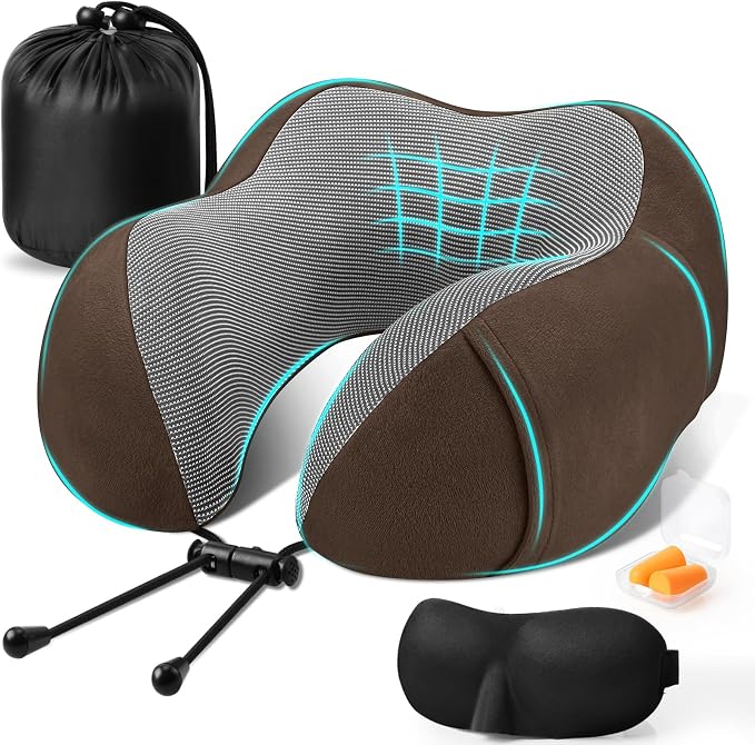 CloudBliss Travel Pillow for Airplanes, Memory Foam Neck Pillow Set, Brown | Travel Neck Pillow for Long Flight, Train, Car & Office, Plane Travel Accessories with Eye Mask, Earplugs, Storage Bag by CloudBliss