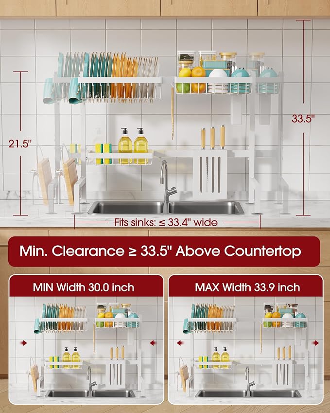Sakugi Over The Sink Dish Drying Rack - Adjustable 2 Tier Large Capacity Stainless Steel Drainer with Cutlery & Utensil Holders, Kitchen Storage & Organization, 30"-33.9" L x 11" W x 21.5" H, White - Image 5