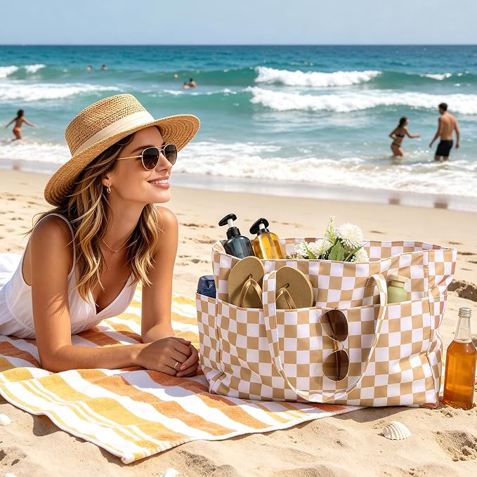 JATEBI Beach Bag with Makeup Pouch for Women | Waterproof Pool Tote Bags with Wet Compartment for Swim Shopping Travel, Zipper, Wet Compartment, 5 Pockets - Image 3