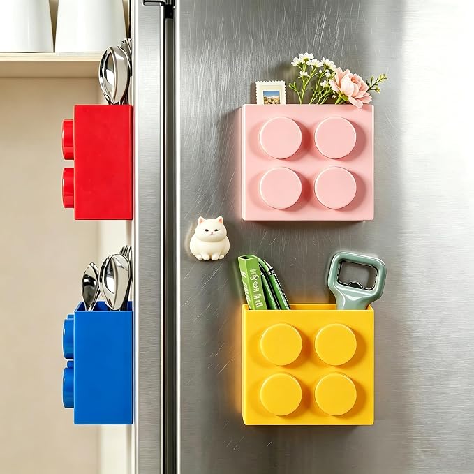 Magnetic Basket Organizer for Fridge - Lego-Style ABS Plastic Storage Box,No Drill Design for Kitchen Counter, Microwave & Whiteboard, Holds Up to 3.5 lbs(Pink) - Image 8