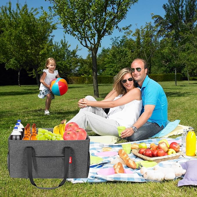 LHZK 2 Pack Extra Large Utility Tote Bag with Metal Wire Frame and the Sides Rinforced, Extra Large Tote Bag with Handle for Pool Beach Laundry Storage (Grey) - Image 7