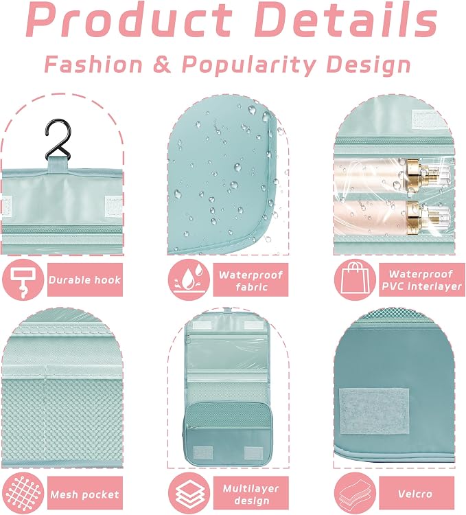 Toiletry Bag Travel Bag with Hanging Hook for Women Men,Light Blue | Waterproof Small Capacity Hanging Multifunctional Makeup Bag for Toiletries, Portable Cosmetic Bag Travel Organizer - Image 3