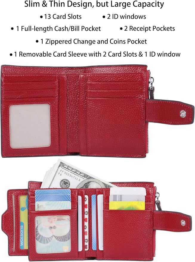 Women's RFID Blocking Leather Small Compact Bi-fold Zipper Pocket Wallet Card Case Purse with id Window - Image 2
