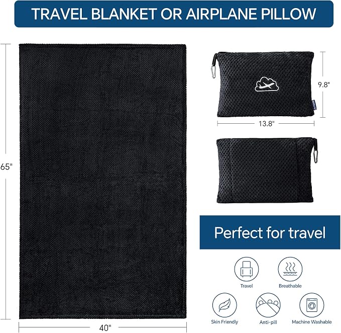 BEDELITE Travel Blanket with Bag, Jacquard Fleece Blanket 65"x40", Black | Ultra-soft Airplane Blanket, Luggage Sleeve & Backpack Clip, Travel Essentials for Women, Foldable as Pillow for Long Flight - Image 5