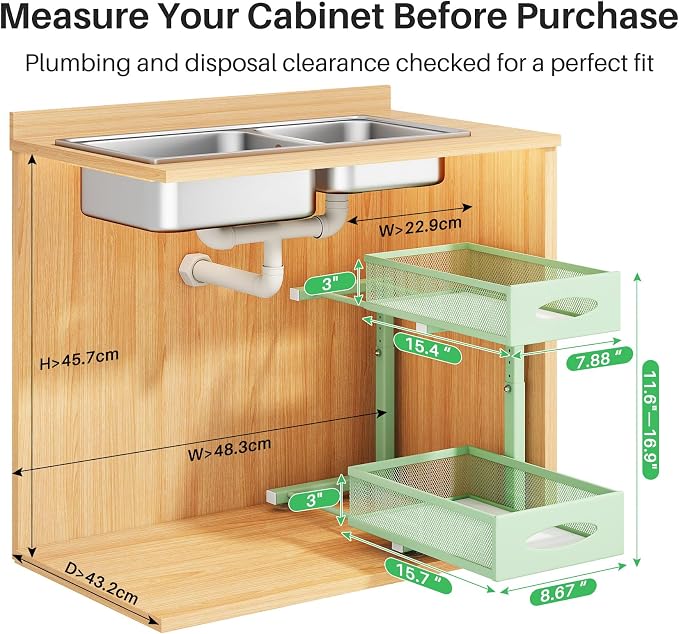 2 Pack Under Sink Organizer, 2 Tier Pull out Cabinet Organizer Mesh Baskets with 5 Adjustable Heights, Sliding Drawers Storage Shelf for Home, Kitchen, Bathroom, Pantry, Office, Countertop ,Green - Image 2