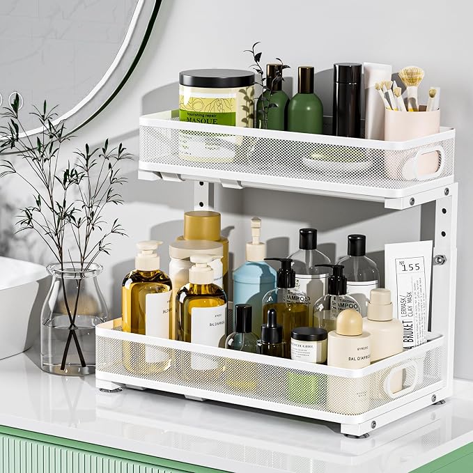 Under Sink Organizer 2 Pack, High Adjustable 2 Tier Under Sink Organizers and Storage, Slide out Metal Cabinet Organizers, Pull out Storage Drawer Shelf for Kitchen Bathroom Cabinet (White) - Image 8