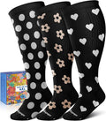 3-Pair Wide Calf Compression Socks for Women | 20-30mmHg Graduated Support, Easy On & Off, Knee High Length, Ankle Support, Travel Nurse Daily Wear, Cute Patterned by Lalapapa