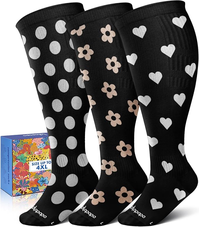 3-Pair Wide Calf Compression Socks for Women | 20-30mmHg Graduated Support, Easy On & Off, Knee High Length, Ankle Support, Travel Nurse Daily Wear, Cute Patterned by Lalapapa
