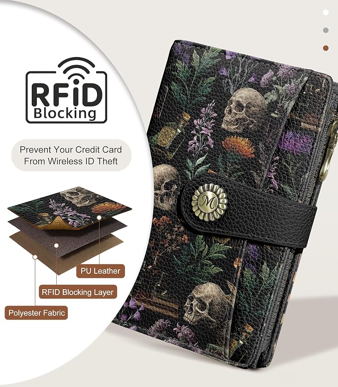 Goth Wallet Women RFID, Flower Passport Holder, Credit Card Holder | 6.7" x 4.4" x 1.3" Bifold, Travel billfold, Zipper Pocket, PU Leather, Clutch, Purse, ID Window, Pen Holder, Gift Ladies Girl - Image 4