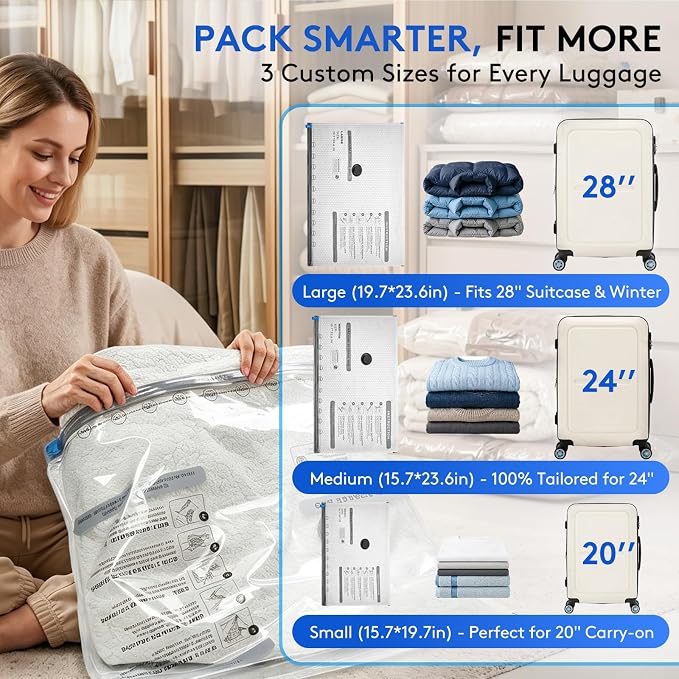 18 Packs Vacuum Bags for Travel with Rechargeable Pump, 3 Sizes Vacuum Seal Bags for Clothing, Compression Vacuum Travel Bags for Luggage, Vacuum Packing Bags for Closet Organization - Image 6