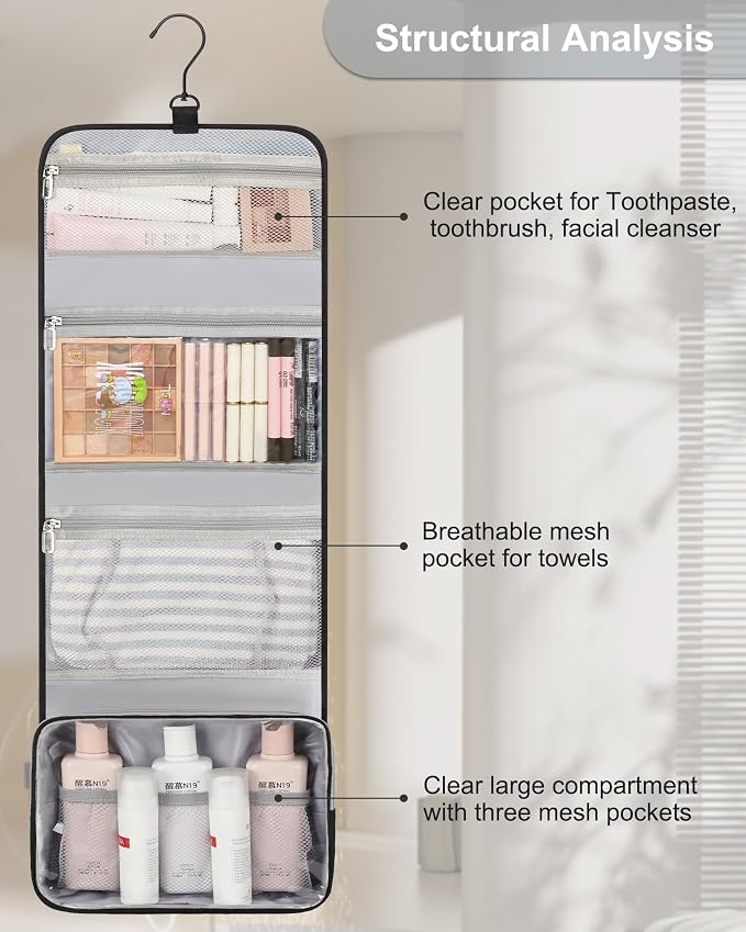 Relavel Travel Hanging Toiletry Bag for Men Women Travel Kit Shaving Bag | Waterproof Large Makeup Bag Wash Bag Makeup Organizer Cosmetic Case for Bathroom Shower Black - Image 9