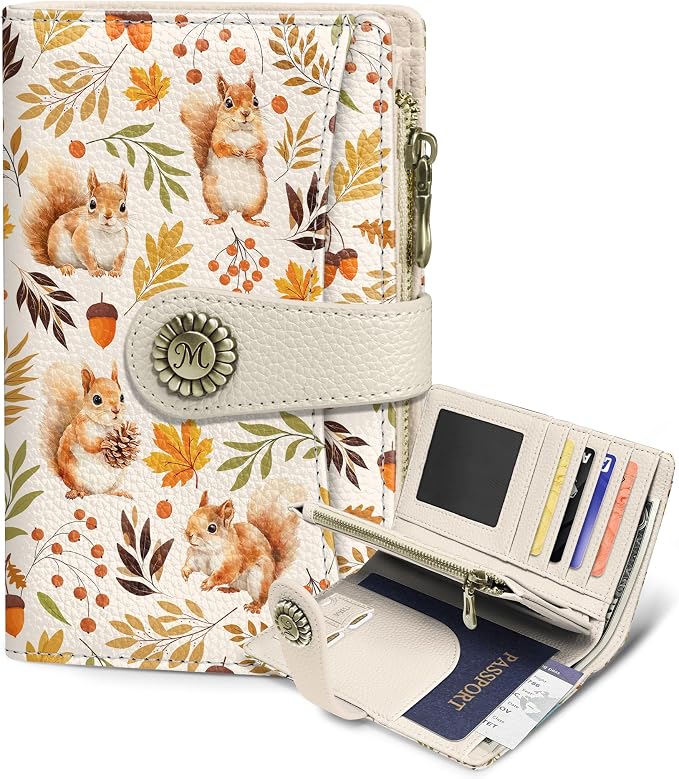 Squirrel Wallet Women RFID Cute Passport Holder Credit Card Holder | 6.7" x 4.4" x 1.3" Bifold, Travel billfold, Zipper Pocket, PU Leather, Clutch, Purse, ID Window, Pen Holder, Gift Ladies Girl by Mavellin