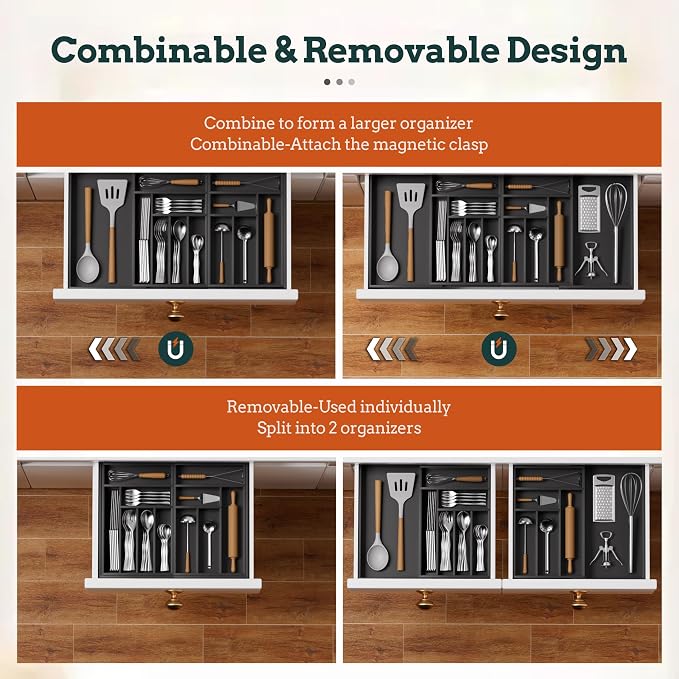 Silverware Organizer Large, Magnetic Connected Expandable 13 Slots Silverware Drawer Organizer From 21 to 37.4 Inches, Adjustable Flatware and Cutlery Holder, Bamboo Utensil Tray for Kitchen Black - Image 5