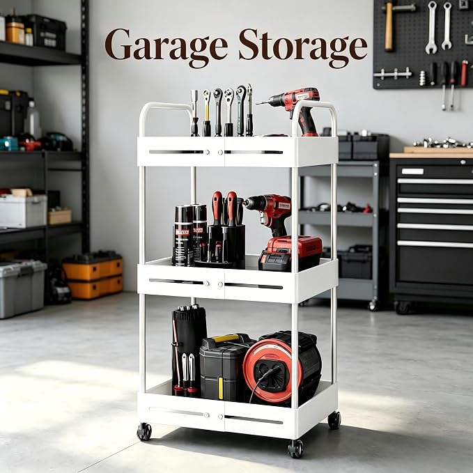 Extendable 3 Tier Heavy Duty Metal Utility Cart for Bath, White | Adjustable Storage Slim Cart | with 360° Swivel Wheels Cart | Detachable | Perfect for Laundry, Kitchen, Office, Garage - Image 7