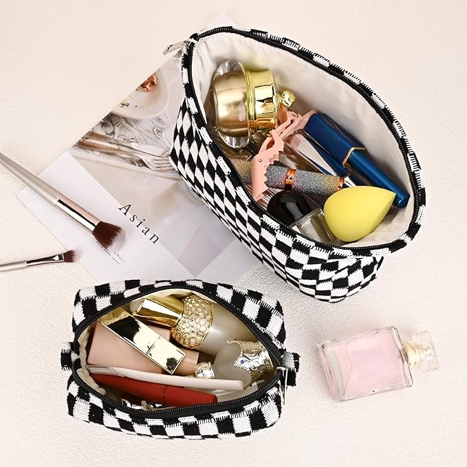 SOIDRAM 2 Pieces Black Makeup Bag Large Checkered Cosmetic Bag Capacity Canvas Mix Travel Toiletry Bag Organizer Cute Makeup Brushes Aesthetic Accessories Storage Bag for Women, Checkered Mix Black - Image 4