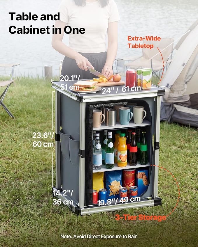 VEVOR Folding Camping Storage Cabinet, Outdoor Portable Aluminum Lightweight Table, Quick Set-up Compact Kitchen Cook Station, with 3 Shelves and Carry Bag, for Picnic, BBQ, Camping, RV Traveling - Image 3