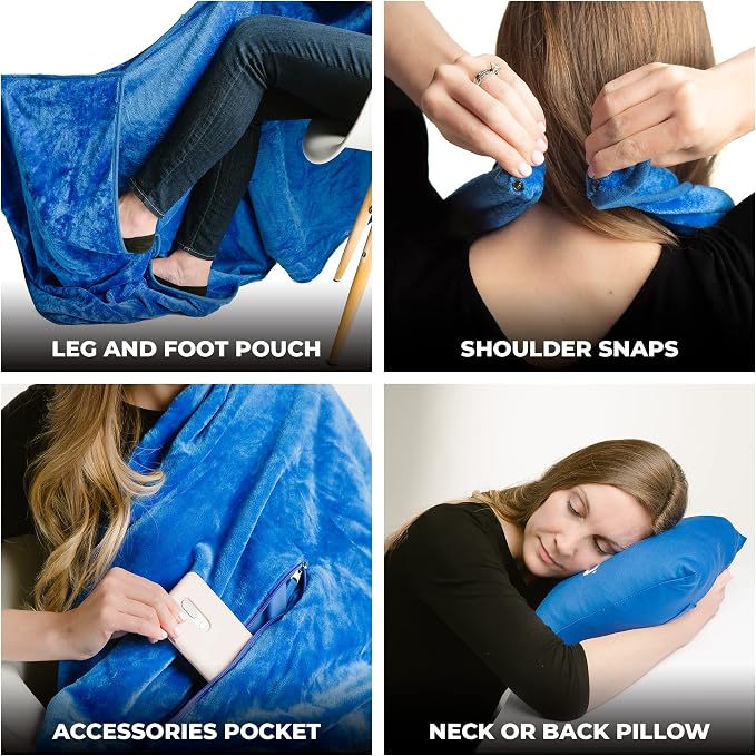 Zero Grid Lightweight Airplane & Travel Blanket with Foot Pockets, Blue | Compact Wearable Blanket with Neck Snaps, Zips & Converts to Soft Pillow for Ultimate Comfort - Image 5