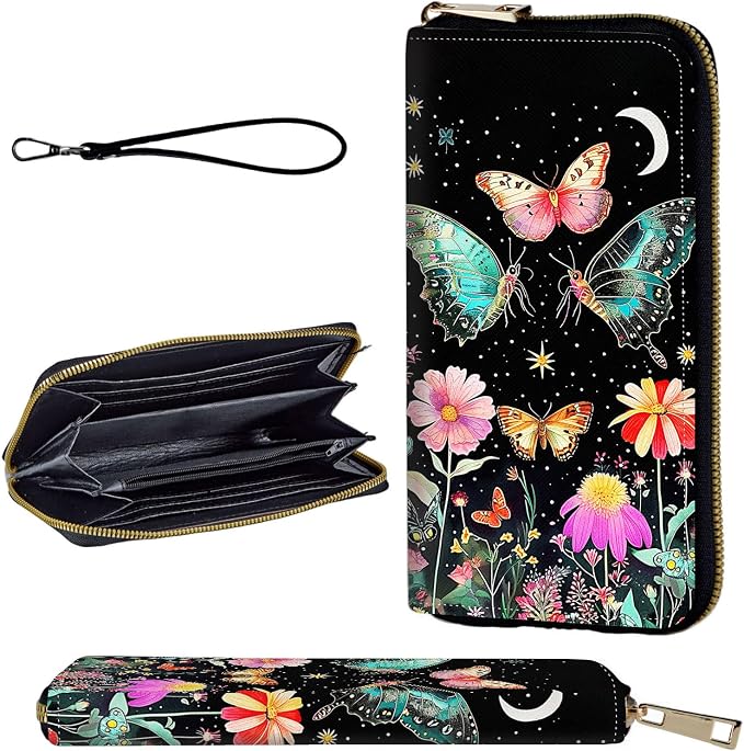 Wallet,Leather Long Wallet Suitable For Ladies And Teenagers - Detachable Wristband + RFID Travel Wallet With Card Slot - Butterfly Moon Flower by Unknown
