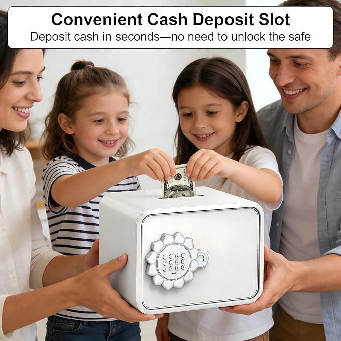 Mini Safe Box, Small Digital Security Safe Box with Keypad Lock, Small Safes for Kids with Auto Door/Coin & Bill Slot – for Cash, Jewelry & Valuables, Home/Office/Hotel Use, 6.5"D×9.3"W×7.1"H (White) - Image 6