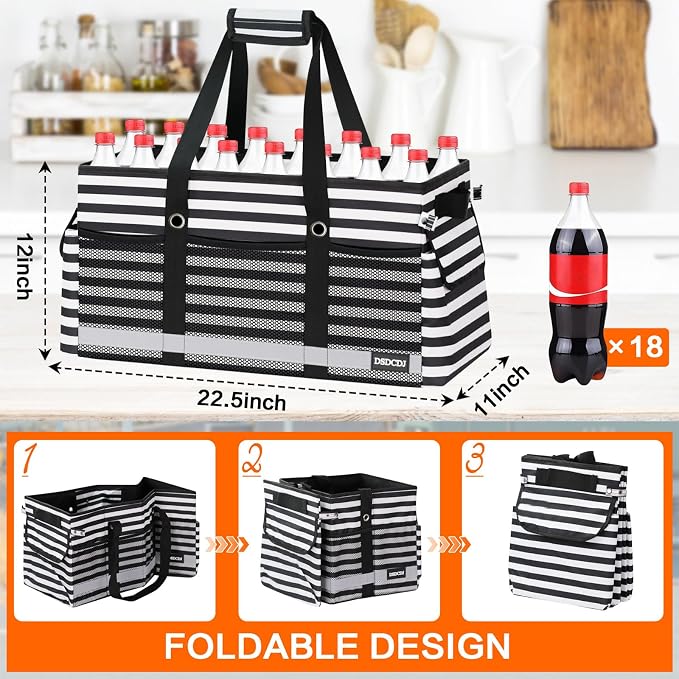Extra Large Utility Tote Bag with Reflective Strip, Standing Reusable Grocery Bags with Hard Bottom, Collapsible Utility Tote with Handles for Shopping, Beach, Picnics, Car, Striped Black - Image 4